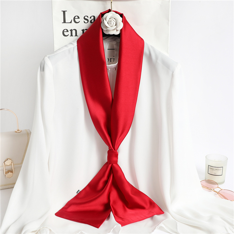 Ascot Neck Scarf - Red Solid Color Long Silk Scarf