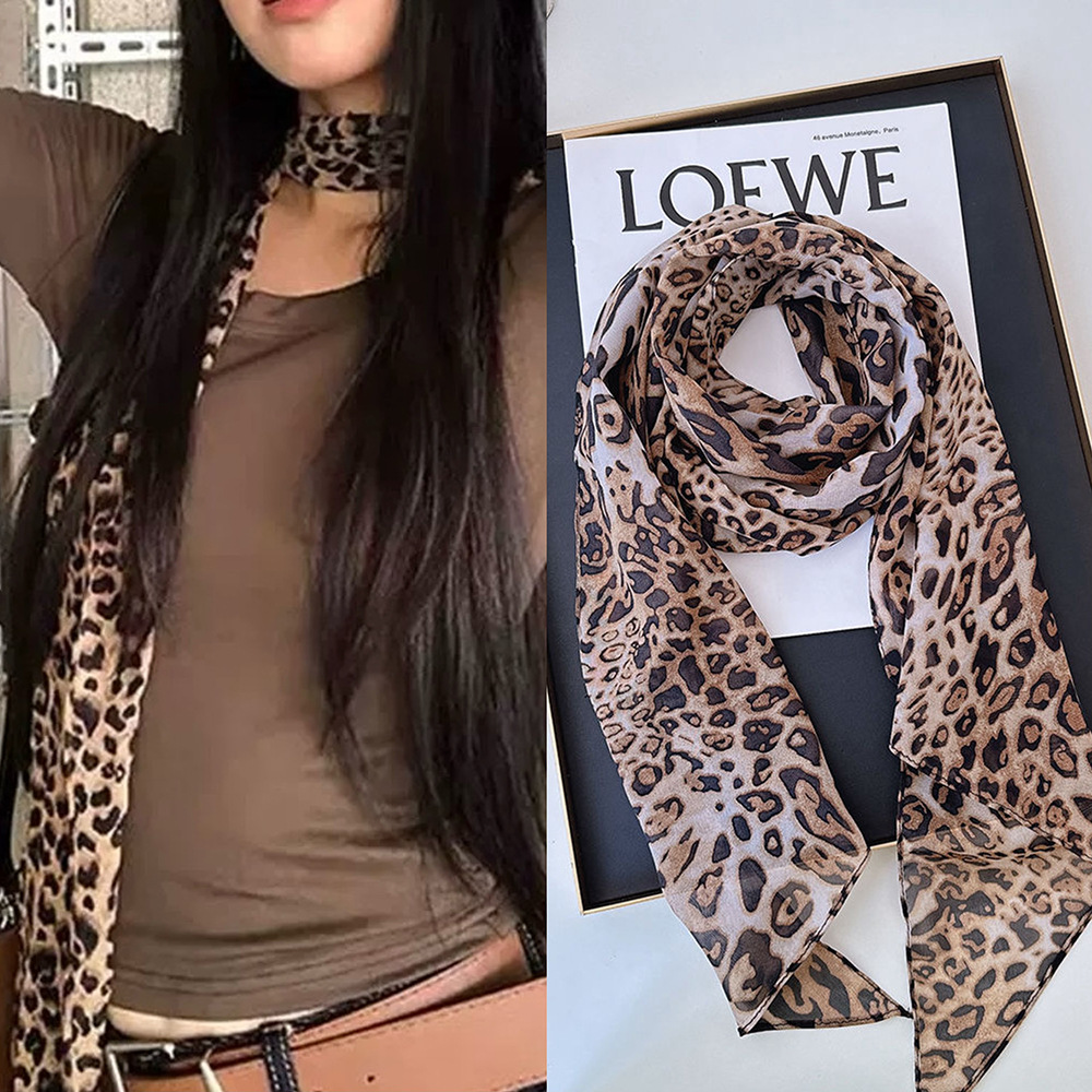 Leopard Small Long Silk Scarf  - Ascot Neck Scarf 评论和价格