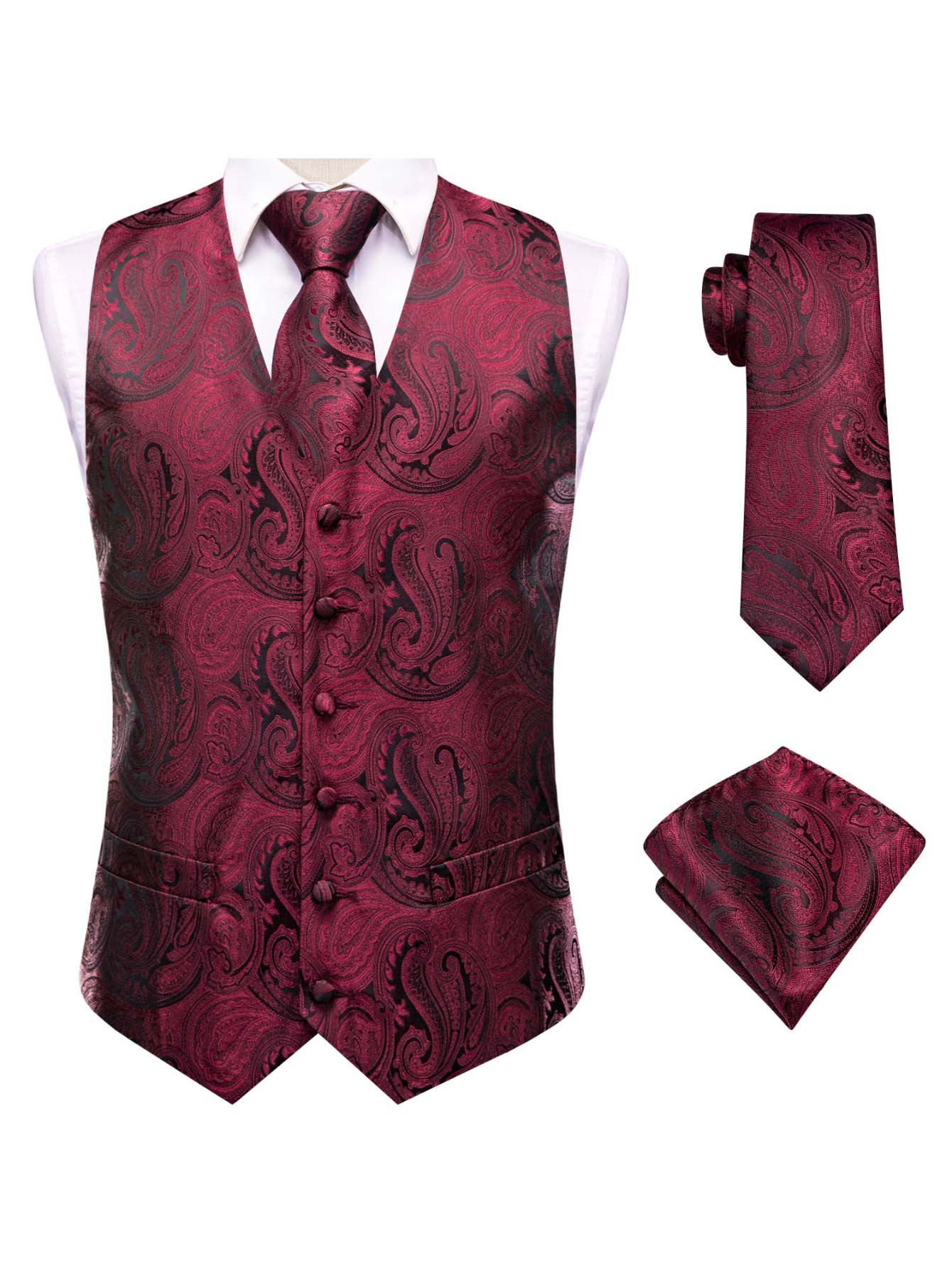 Red Men Vest Three-Piece Suit  - Pocket Square Set 评论和价格