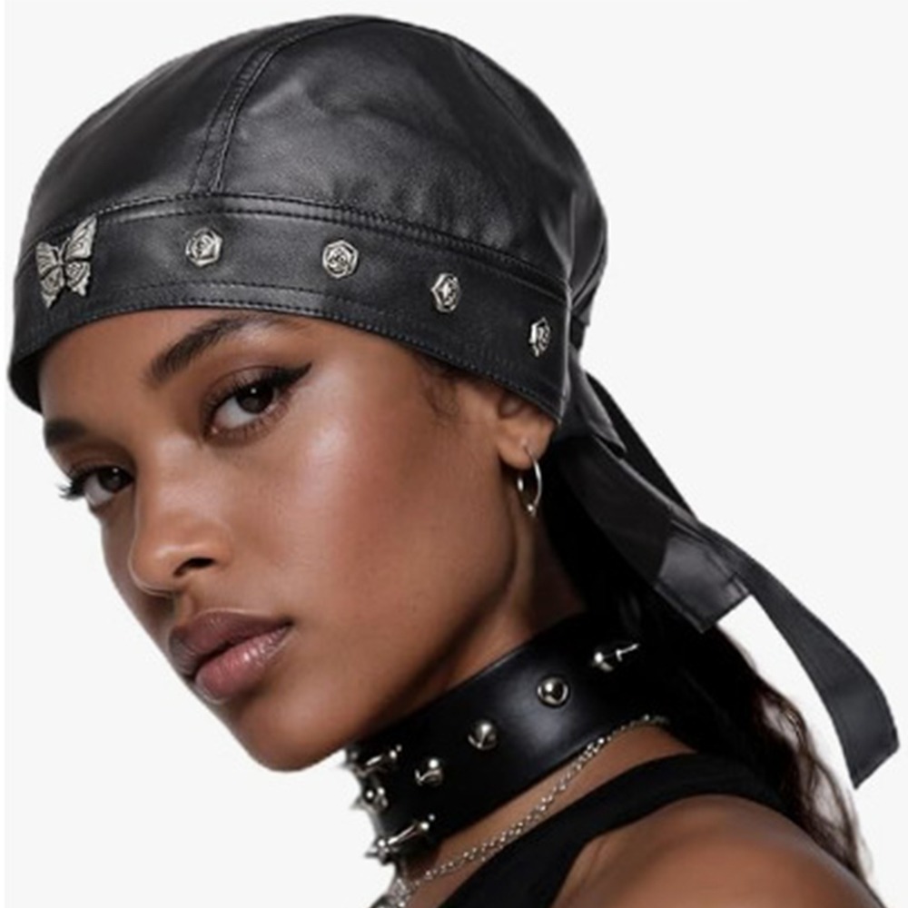 New PU Leather Black Biker Cap - Bandana Doo Rag 评论和价格